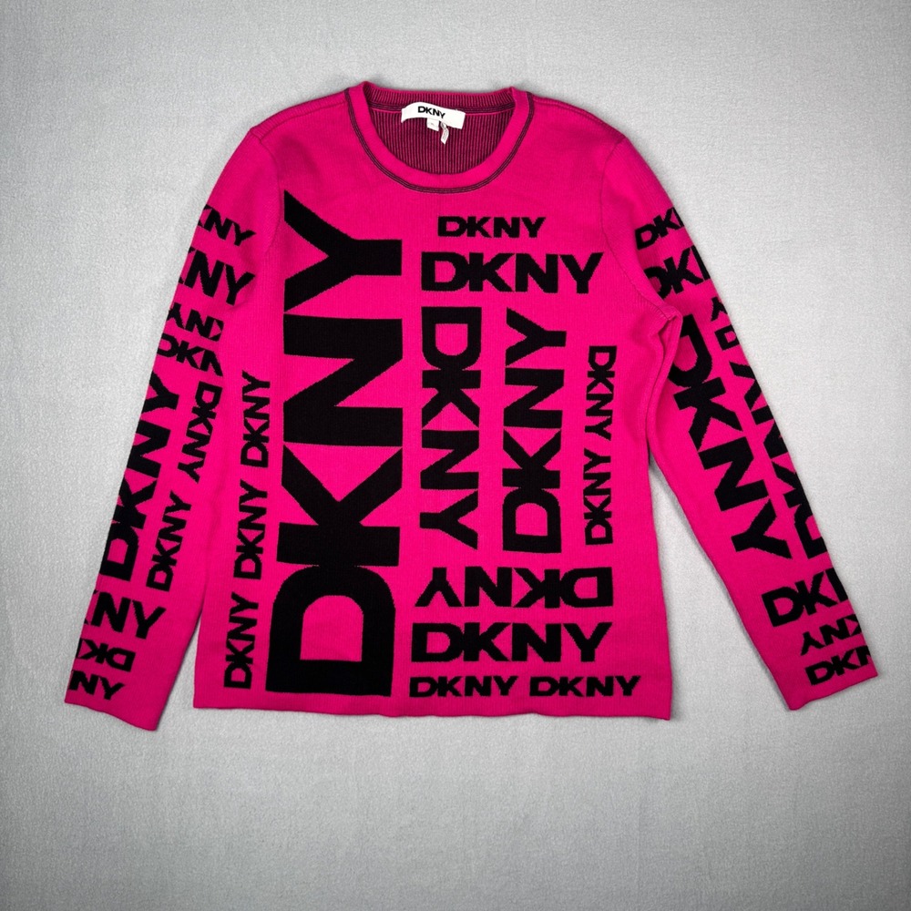 DKNY Sweater XL Pink All Over Logo Print Y2K Streetwear Womens AOP
